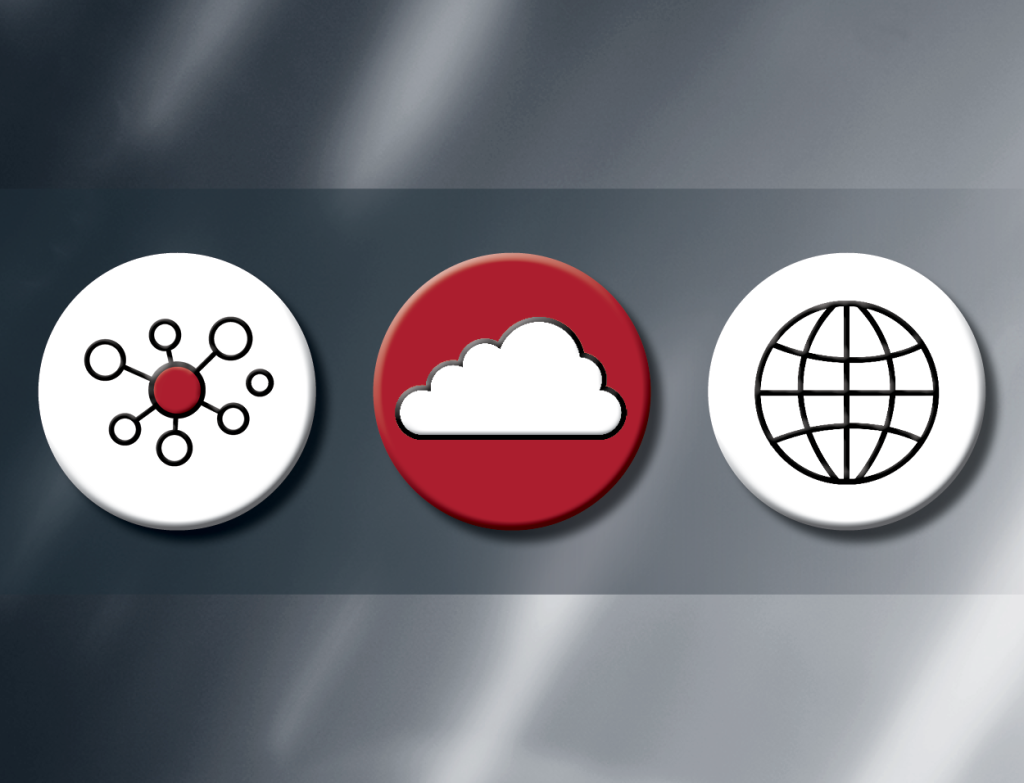 En grafisk bild över tre symboler i tre bubblor: tankekarta, moln och jordklot.